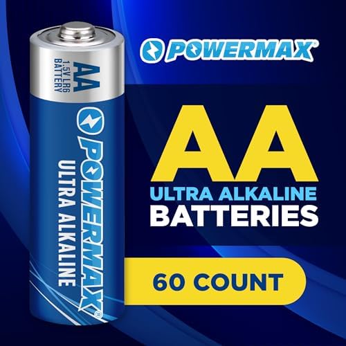 Powermax 60-Count Double AA Batteries, Ultra Long Lasting Alkaline Battery for Home and Office, 10-Year Shelf Life, Reclosable Packaging