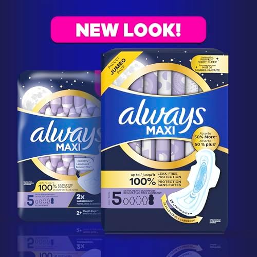 Always Maxi Overnight Pads with Wings for Women, Size 5, Extra Heavy Overnight Absorbency, Unscented, 72 Count (3 Packs of 34)