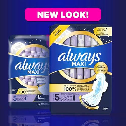 Always Maxi Overnight Pads with Wings for Women, Size 5, Extra Heavy Overnight Absorbency, Unscented, 72 Count (3 Packs of 34)