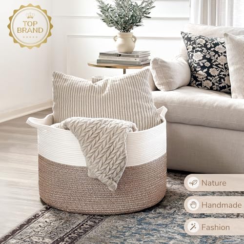 INDRESSME XXXLarge Cotton Rope Basket 21.7" x 21.7" x 13.8" Woven Baby Laundry Blanket Basket Toy Baskets with Handle Storage Comforter Cushions Thread Laundry Hamper Home Decor Living Room