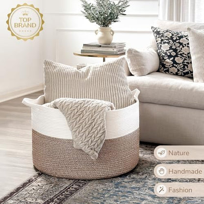 INDRESSME XXXLarge Cotton Rope Basket 21.7" x 21.7" x 13.8" Woven Baby Laundry Blanket Basket Toy Baskets with Handle Storage Comforter Cushions Thread Laundry Hamper Home Decor Living Room