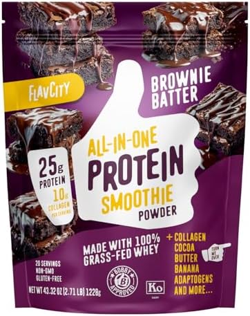 FlavCity Grass Fed Whey Chocolate Protein Powder - Brownie Batter - 25g Protein & 10g Collagen - Made with Organic Cocoa & Coconut Milk - Gluten Free & No Added Sugars (20 Servings)