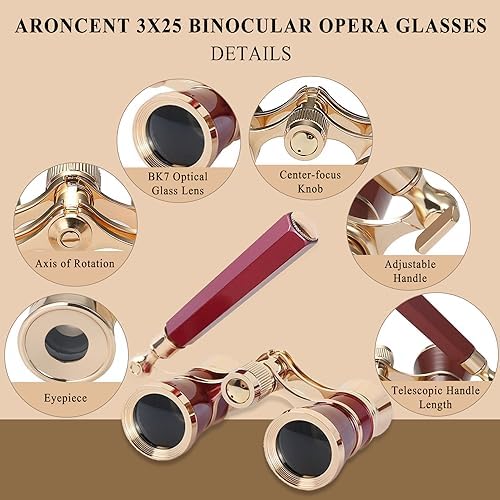 Aroncent Opera Glasses Binoculars 3X25 Theater Glasses Mini Binocular Compact with Handle for Adults Kids Women in Musical Concert