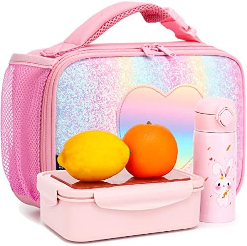 FlowFly Kids Lunch box Insulated Soft Bag Mini Cooler Back to School Thermal Meal Tote Kit for Girls, Boys, Glitter-RainBow