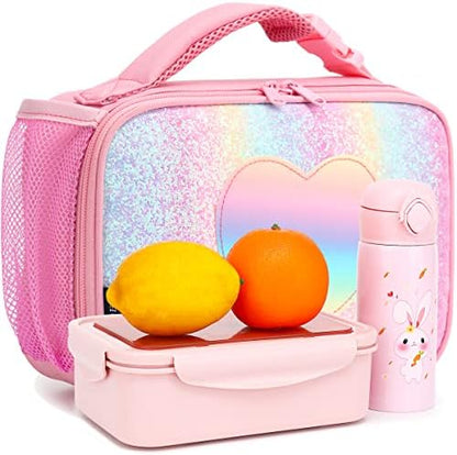 FlowFly Kids Lunch box Insulated Soft Bag Mini Cooler Back to School Thermal Meal Tote Kit for Girls, Boys, Glitter-RainBow