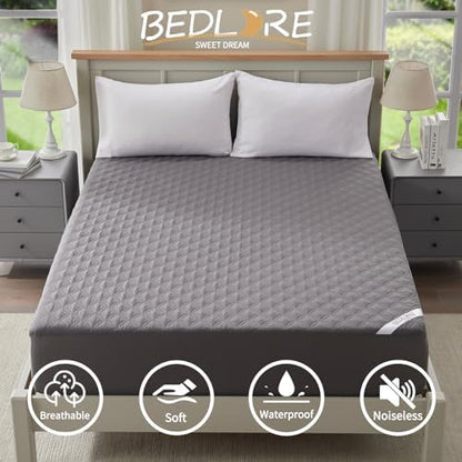 BEDLORE Waterproof Mattress Protector, Noiseless Queen Size Mattress Pad with Deep Pocket Fitted Up to 6"-18", Soft Breathable Dirt-Proof Bed Mattress Cover Washable Bedroom, Hotel (Gray)