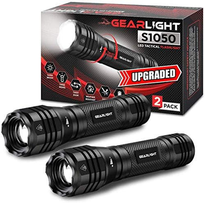 GearLight S1050 LED Flashlight High Lumens - for Camping, Hiking, Dog Walking - Powerful Emergency Flashlights with 3 Modes for Outdoor Use - Bright Flashlight - 2 Pack, (Batteries Not Included)