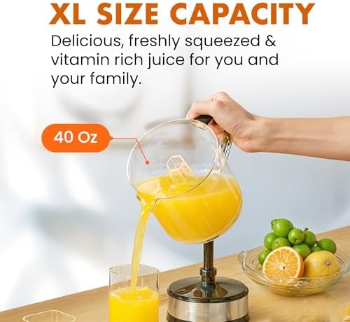 Elite Gourmet ETS740 BPA-Free Electric Citrus Juicer with 2 Cones, Compact, Large Volume, Pulp Control, Oranges, Lemons, Limes, Grapefruits with Easy Pour Spout, 1.2L, Black/Stainless Steel