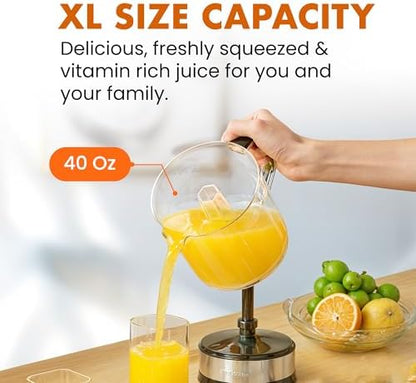 Elite Gourmet ETS740 BPA-Free Electric Citrus Juicer with 2 Cones, Compact, Large Volume, Pulp Control, Oranges, Lemons, Limes, Grapefruits with Easy Pour Spout, 1.2L, Black/Stainless Steel