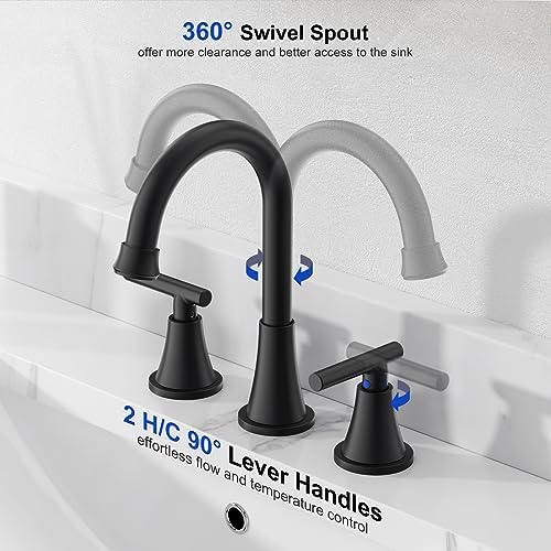 Bathroom Faucets for Sink 3 Hole, Hurran Matte Black Bathroom Sink Faucet with Pop-up Drain and Supply Lines, Stainless Steel Lead-Free Widespread Faucet for Vanity RV Farmhouse Sink