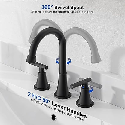 Bathroom Faucets for Sink 3 Hole, Hurran Matte Black Bathroom Sink Faucet with Pop-up Drain and Supply Lines, Stainless Steel Lead-Free Widespread Faucet for Vanity RV Farmhouse Sink