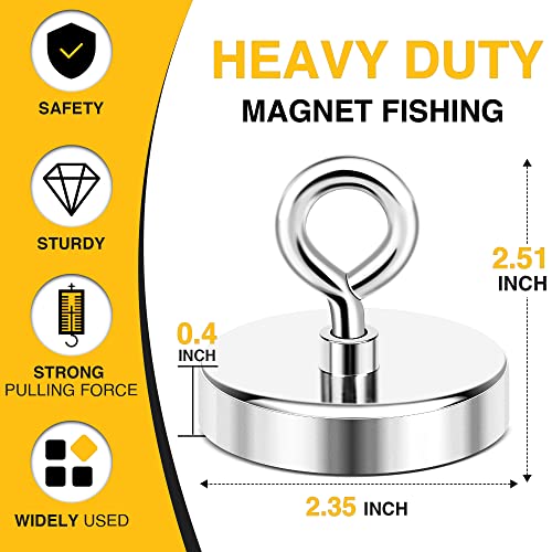 DIYMAG Super Strong Neodymium Fishing Magnets, 500 lbs(227 KG) Pulling Force Rare Earth Magnet with Countersunk Hole Eyebolt for Retrieving in River and Magnetic Fishing,Diameter 2.36 inch(60 mm)
