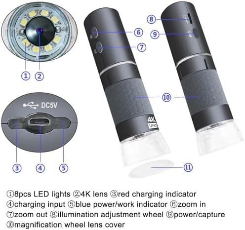 WiFi USB Digital Handheld Microscope, 50 to 1000x Wireless Magnification Endoscope 4K 3840x2160P Camera 8 LEDs with Metal Stand for iPhone iPad Android Mac Windows Linux Chrome