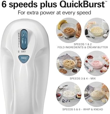 Hamilton Beach 6-Speed Electric Hand Mixer with Whisk, Traditional Beaters, Snap-On Storage Case, 250 Watts, White