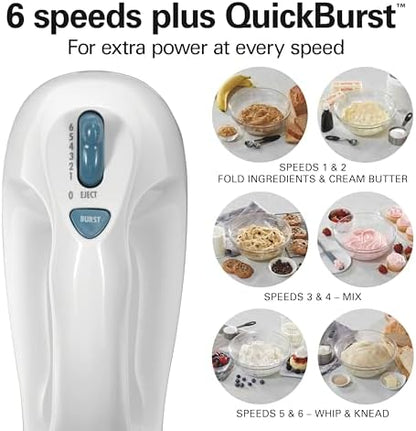 Hamilton Beach 6-Speed Electric Hand Mixer with Whisk, Traditional Beaters, Snap-On Storage Case, 250 Watts, White