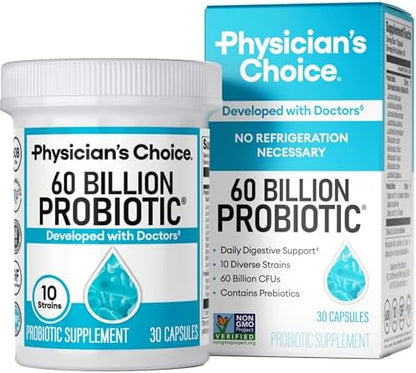 Physician's Choice Probiotics 60 Billion CFU - 10 Strains + Organic Prebiotics - Immune, Digestive & Gut Health - Supports Occasional Constipation, Diarrhea, Gas & Bloating - for Women & Men - 30ct
