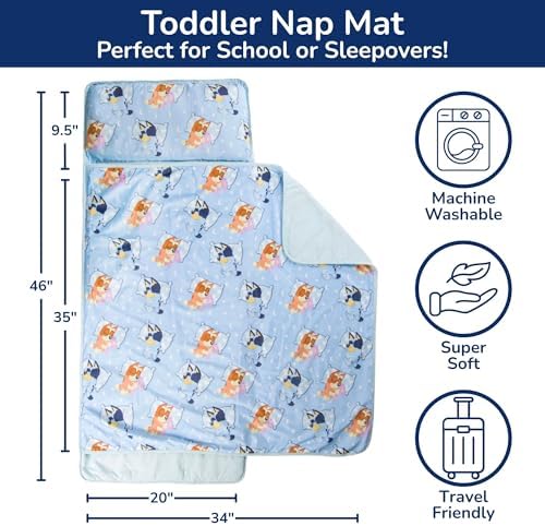 Jay Franco Toddler Nap Mat with Built-in Pillow and Blanket - Soft 46 x 20-inch Microfiber Kids Sleeping Bag for School or Sleepover, Blue - Bluey & Bingo