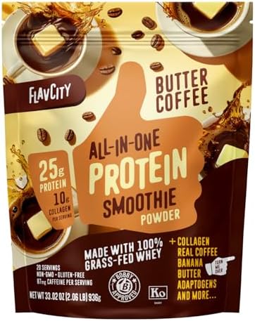 FlavCity Grass Fed Whey Protein Powder - Butter Coffee - 25g Protein, 10g Collagen & 87mg Caffeine - Made with Organic Reishi & Cordyceps - Gluten Free & No Added Sugars (20 Servings)