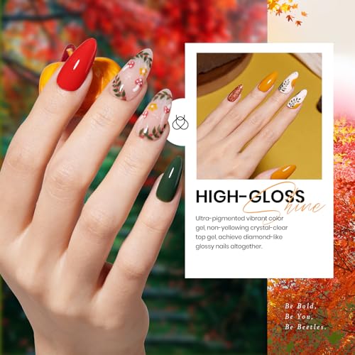 Beetles Fall Gel Nail Polish Set - Fall Yard Gel Polish Kit, 20 Color Orange Burgundy Red Navy Blue Glitter, Soak Off LED UV with Gel Base and Top Coat Nail Art Manicure Gift for Women