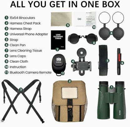 15x54 Binoculars for Adults High Powered with Harness, Phone Adapter and Bluetooth Camera Remote - Super Bright Waterproof Binoculars for Bird Watching Hiking Cruise Travel Stargazing