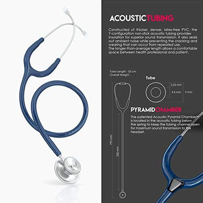 MDF Instruments, Acoustica Lightweight Stethoscope for Doctors, Nurses, Students, Home Health Use, Adult, Dual Head, Navy Blue Tube, Silver Chestpiece-Headset, MDF747XP04