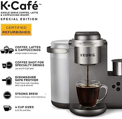 Keurig K-Cafe Special Edition Coffee Maker, Single Serve K-Cup Pod Coffee, Latte and Cappuccino Maker, Comes with Dishwasher Safe Milk Frother, Coffee Shot Capability, Nickel (Renewed)
