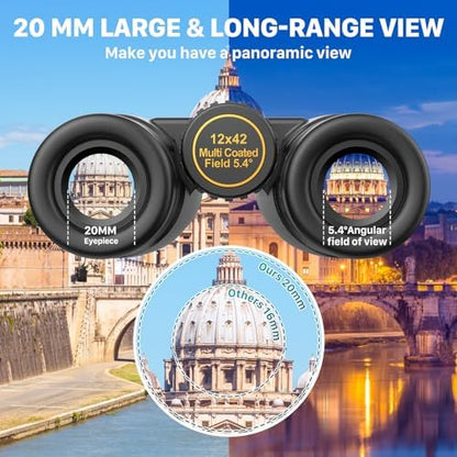 12X42 Binoculars for Adults with Universal Phone Adapter, HD Waterproof Fogproof Compact Binoculars for Bird Watching, Hunting, Hiking, Sports, and Concerts with BAK4 Prism FMC Lens