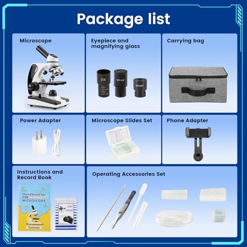 Microscope for Adults Kids 40X-2000X Compound Monocular Microscope for Students School Laboratory Home Education with Slides Set Phone Adapter