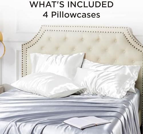 Bedsure Satin Pillowcase for Hair and Skin Queen - Pure White Silky Pillowcase Set of 4 with Envelope Closure, Similar to Silk Pillow Cases, Gifts for Women Men, 20x30 Inches