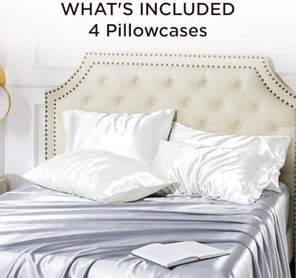 Bedsure Satin Pillowcase for Hair and Skin Queen - Pure White Silky Pillowcase Set of 4 with Envelope Closure, Similar to Silk Pillow Cases, Gifts for Women Men, 20x30 Inches