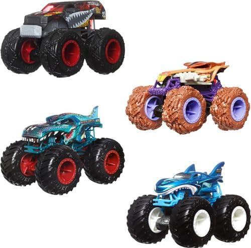 Hot Wheels Monster Trucks, 1:64 Scale Toy Monster Trucks, Set of 4, Giant Wheels, Favorite Characters and Cool Designs