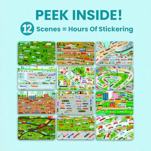 CUPKIN Sticker Book for Kids 2-4, 500+ Kids Stickers, Cars, Trucks, Planes & Trains 12 Coloring Pages 12 Side by Side Scenes, Fun Toddler Travel Activity Coloring and Sticker Books for Ages 4-8 + 8-10