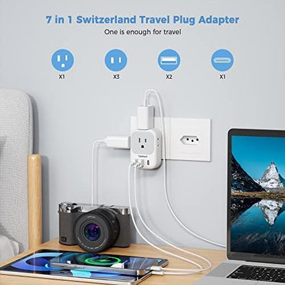 TESSAN Switzerland Power Adapter, Swiss Travel Adaptor with 4 American Outlets 3 USB Charger (1 USB C Port), Type J Plug for US to Liechtenstein Rwanda
