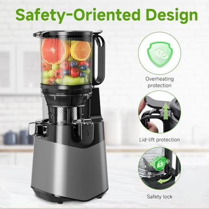 Cold Press Juicer, 5.3" Wide Feed Chute Juice Extractor Machine with 400W, High Juice Yield, Slow Masticating Juicer for Whole Vegetables & Fruits, Deep Grey