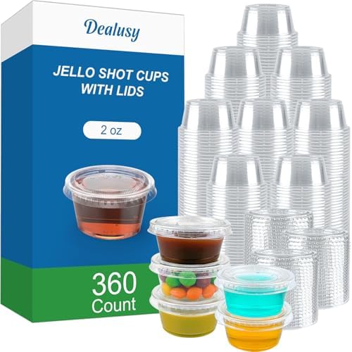 360 Set 2 oz Jello Shot Cups with Lids, Sturdy & Food Safe Disposable Plastic Portion Condiment Dipping Sauce Cups, Small Containers for Salad Dressing