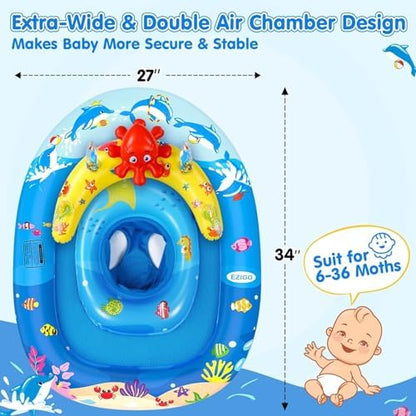 EZIGO Baby Pool Float with Canopy UPF50+ Sun Protection, Inflatable Kids Pool Floats with Ocean Animal Toys for Baby 6-36 Months, Infant Swimming Float with Adjustable Safety Seat for Boys Girls