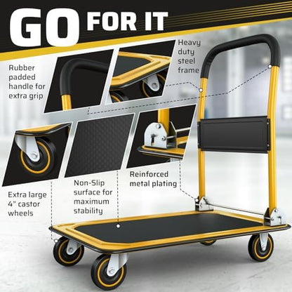 Heavy Duty Foldable Push Cart Dolly | 660 lbs. Capacity | Upgraded Collapsible Hand Truck Platform with Swivel Wheels | Flat Bed Moving Wagon | Space Saving Push Handle (Yellow)