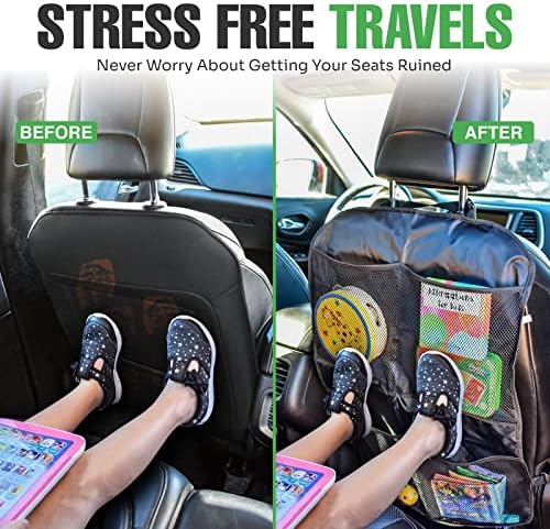 lebogner Back Seat Cover for Kids + 4 Pocket Storage Organizer, 2 Pack X-Large Waterproof Kick Mats Backseat Protector, Car Seat Back Protectors for Vehicles to Protect from Dirt, Mud & Scratches