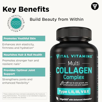 Vital Vitamins Multi Collagen Pills for Women & Men (2-Pack) - Hydrolyzed Collagen Peptides - Type I, II, III, V, X - Grass Fed, Non-GMO