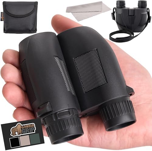 GORILLA GRIP 10x25 Compact Binoculars for Adults with Strap, Superior High Powered Clear 10X Magnification, Lightweight, Bird Watching, Hunting, Stargazing, Adjustable Eye Cups, Black