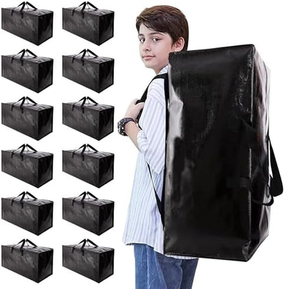 Heavy Duty Moving Bags with Backpack Straps and Strong Handles, Alternative to Moving Boxes and Storage Totes for Dorm Room Essentials, 12 Pack, Black