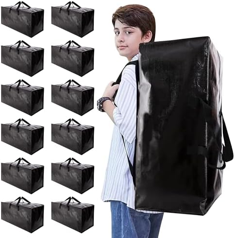 Heavy Duty Moving Bags with Backpack Straps and Strong Handles, Alternative to Moving Boxes and Storage Totes for Dorm Room Essentials, 12 Pack, Black