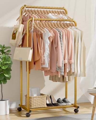 Clothes Rack - Clothing Rack with Storage Mesh Shelf & Casters, Heavy-Duty Metal Clothing Rack for Hanging Clothes, Dresses, Coats, Large Load Capacity, Easy Assembly, Gold, 28.0"x16.0"x59.0"
