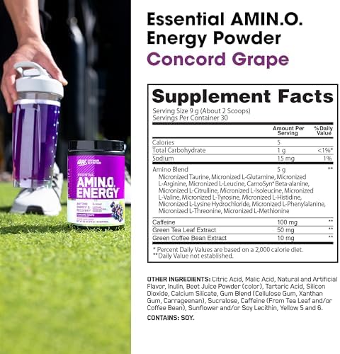 Optimum Nutrition Amino Energy - Pre Workout with Green Tea, BCAA, Amino Acids, Keto Friendly, Green Coffee Extract, Energy Powder - Concord Grape, 30 Servings