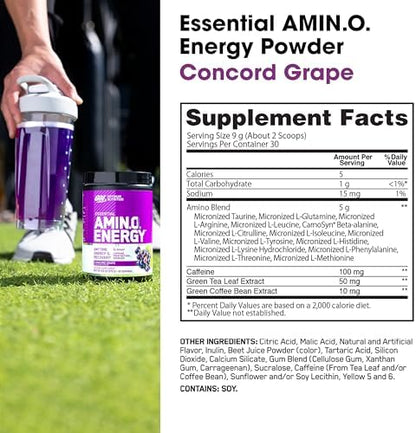 Optimum Nutrition Amino Energy - Pre Workout with Green Tea, BCAA, Amino Acids, Keto Friendly, Green Coffee Extract, Energy Powder - Concord Grape, 30 Servings