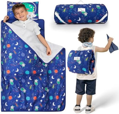Toddler Nap Mat with Pillow and Blanket, Soft Sleeping Bag for Kids Boys and Girls, Slumber Bags Kids for Preschool, Daycare, Travel, Camping, 54" x 33" Great for Ages 3-6