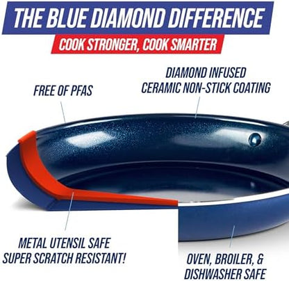 Blue Diamond 8" Nonstick Frying Pan Skillet, Diamond Infused PFAS & PTFE-Free Ceramic Pot, Dishwasher & Oven Safe, Stay Cool Handle, Durable Non Toxic Metal Utensil Safe, Egg & Omelet Pan, Blue