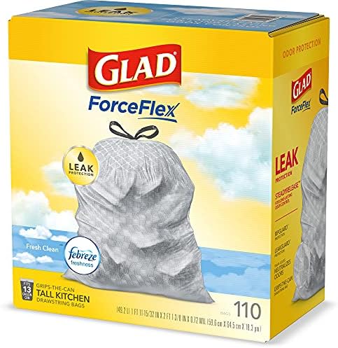 Glad Tall Kitchen Drawstring Trash Bags - Odorshield 13 Gallon White Trash Bag, Febreze Fresh Clean, 110 Count