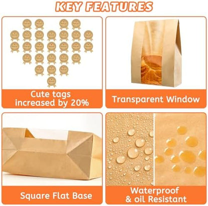 102 Pcs Bread Bags for Homemade Bread, Sourdough Paper Bags With Window, 50% Thicker 13.7x8.2x3.7in, A Large Bakery Bag Used for Storage Sourdough & Snacks, 110 Cute Sealing Stickers With Ties