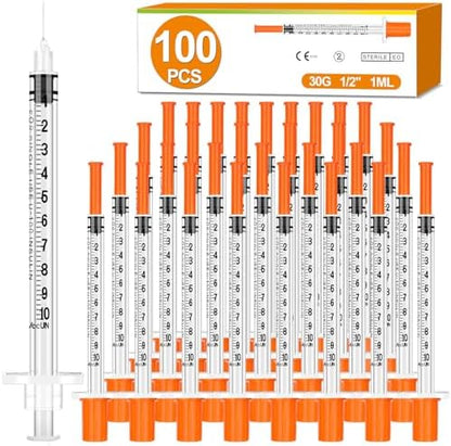 100 Pack 1ml Syringes with Needle-30Ga 0.5 Inch, Individually Sealed Packaging
